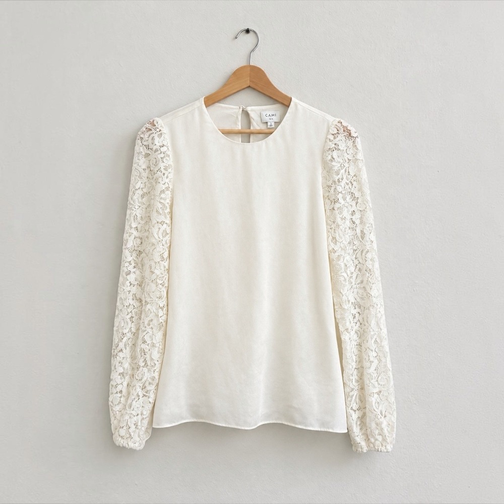 CAMI NYC Silk Long Lace Sleeve Blouse Ivory Small